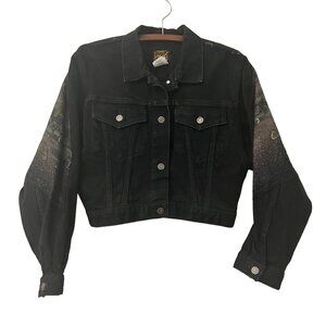 VTG Backstage Pass Canada Black Denim Horse Art Western Hipster Jacket Medium